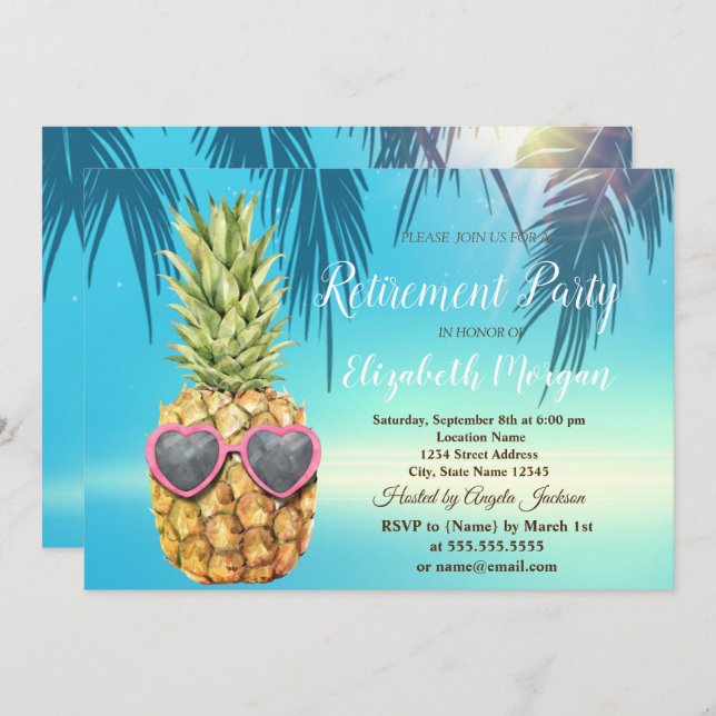 Invitation Retraite Feuille de palmier Tropical Cool Ananas (Devant / Derrière)