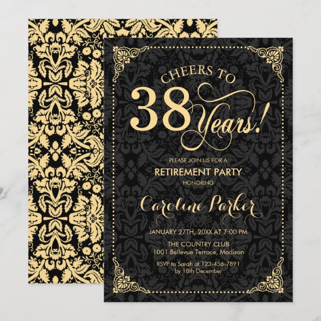 Invitation Retraite - Gold Black Damask (Devant / Derrière)