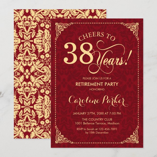 Invitation Retraite - Gold Red Damask (Devant / Derrière)