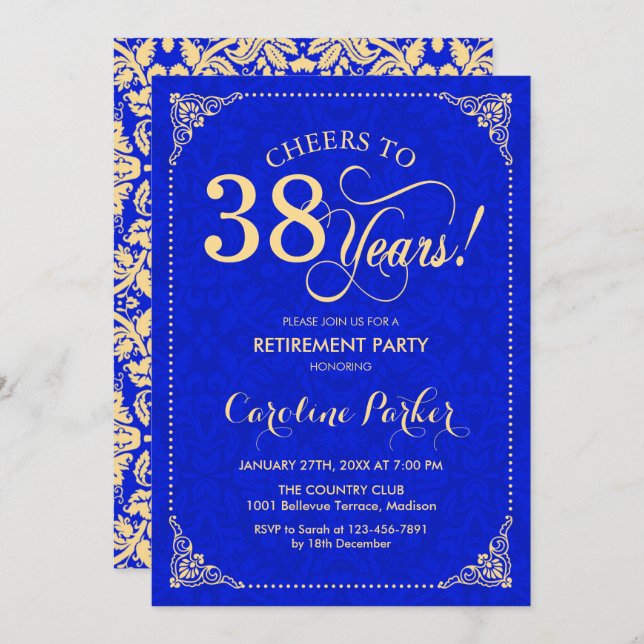 Invitation Retraite - Gold Royal Blue Damask (Devant / Derrière)