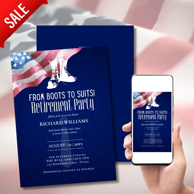 Invitation RETRAITE MILITAIRE des bottes au drapeau américain (Créateur téléchargé)