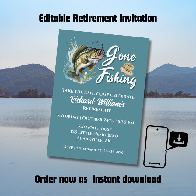 Invitation Retraite Parti Pêcher Gros Poisson Pêcheur Retrait (Créateur téléchargé)