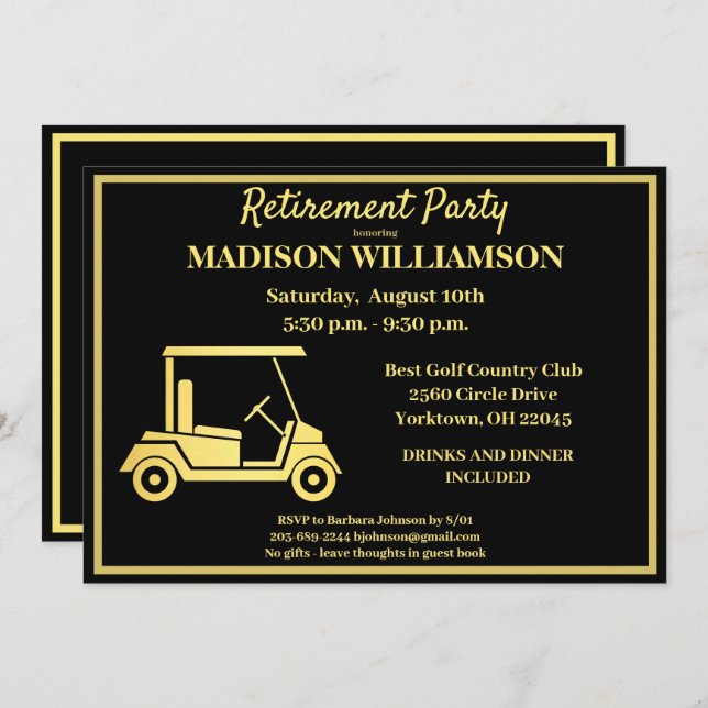Invitation Retraite Party Golf Black Gold   (Devant / Derrière)
