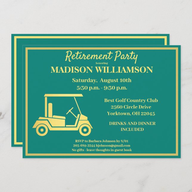 Invitation Retraite Party Golf Vert & Or     (Devant / Derrière)