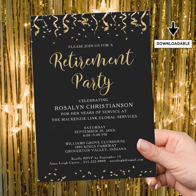 Invitation Retraite Party Moderne Gold Confetti Streamers (Créateur téléchargé)