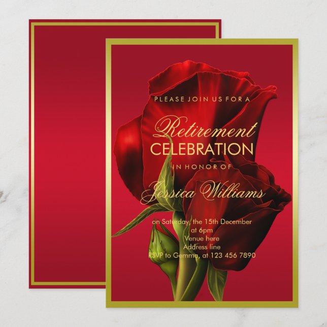 Invitation Retraite romantique de Rose rouge encadrée d'or (Devant / Derrière)