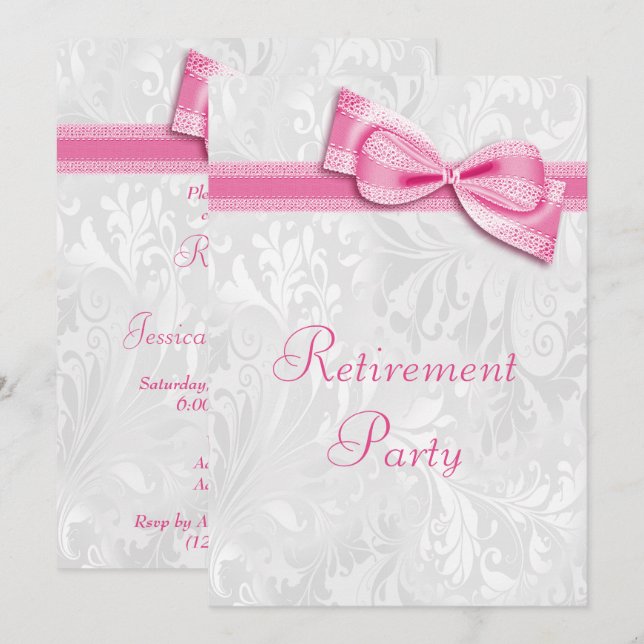 Invitation Retraite Rose Damassé et Nœud Faux (Devant / Derrière)