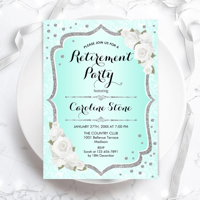 Invitation Retraite - Roses blanches en argent turquoise (Créateur téléchargé)