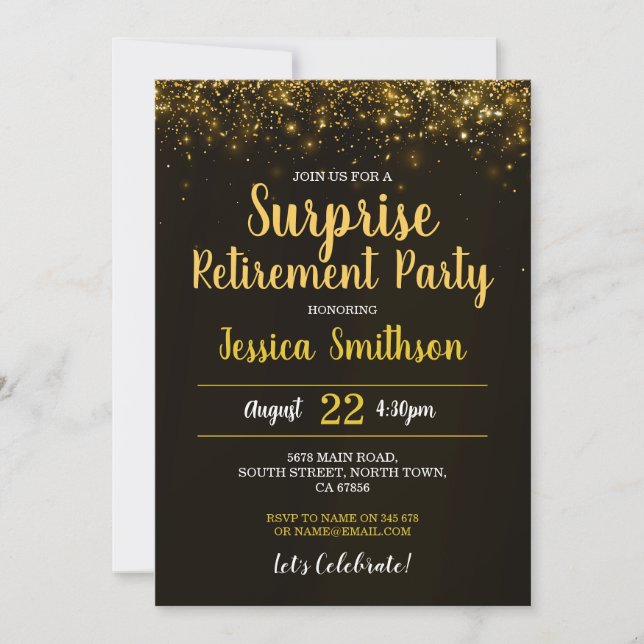 Invitation Retraite Surprise Fête Paillettes Noir Or (Devant)