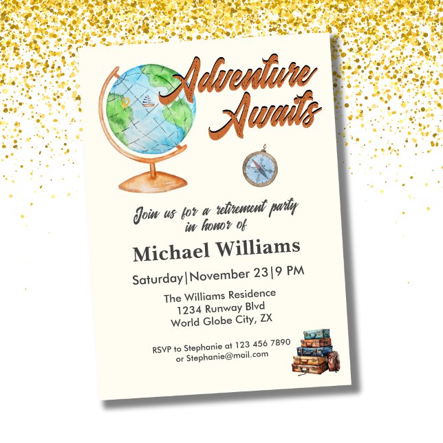 Invitation Retraite Travel Adventure Await Globe (Créateur téléchargé)
