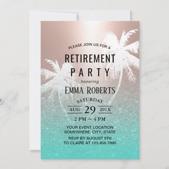 Invitation Retraite Tropical Palm Tree Rose Or & Turquoise (Devant)