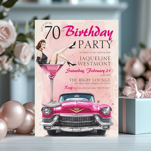Invitation Retro 1950's Pink Hollywood Glam 70th Birthday (Watercolor retro 1950's pink vintage cadillac old Hollywood glamour woman in martini 70th birthday)