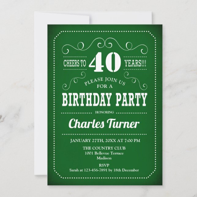 Invitation Retro 40th Birthday Party - Vert blanc (Devant)