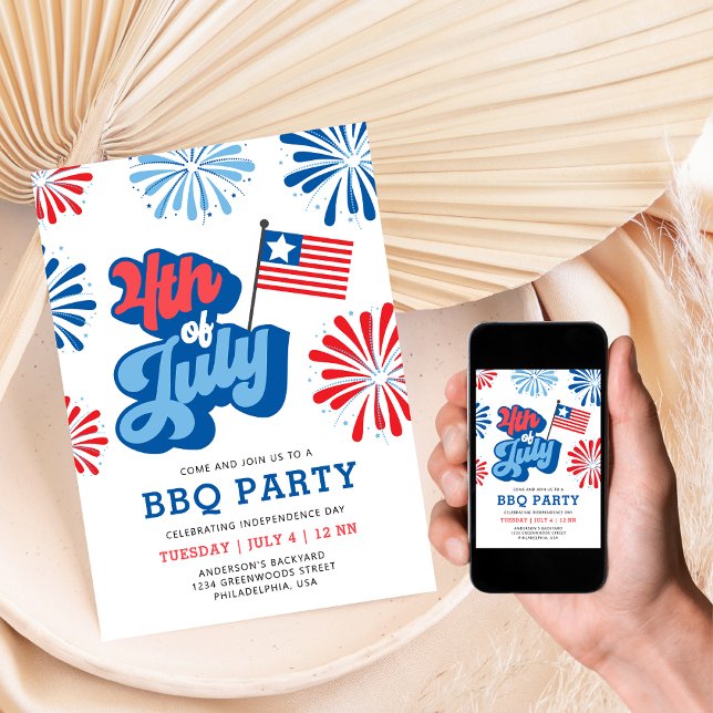 Invitation Retro 4 juillet Fireworks America Drapeau BBQ Part (Créateur téléchargé)
