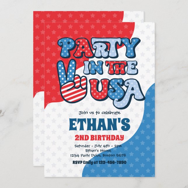 Invitation Retro 4 juillet Party Aux Etats-Unis Anniversaire (Devant / Derrière)