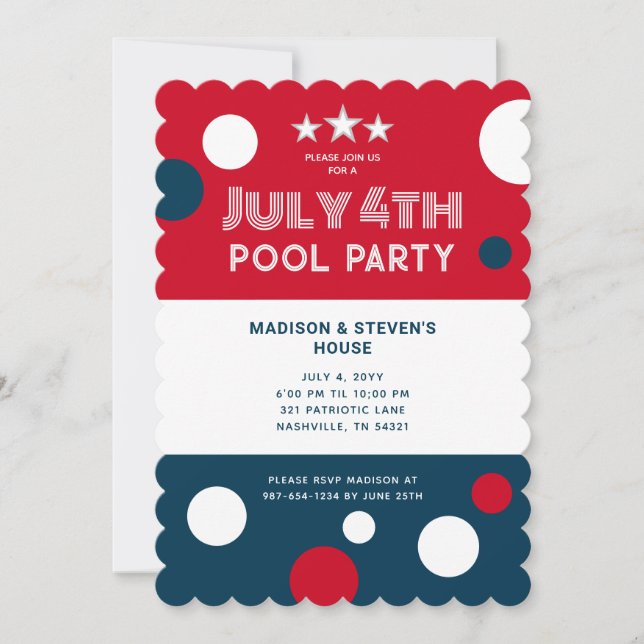 Invitation Retro 4 juillet Pool Party Rouge Blanc Bleu (Devant)