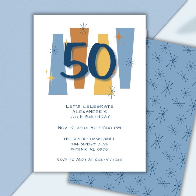 Invitation Retro 50e Anniversaire Milieu de siècle moderne Bl (Créateur téléchargé)