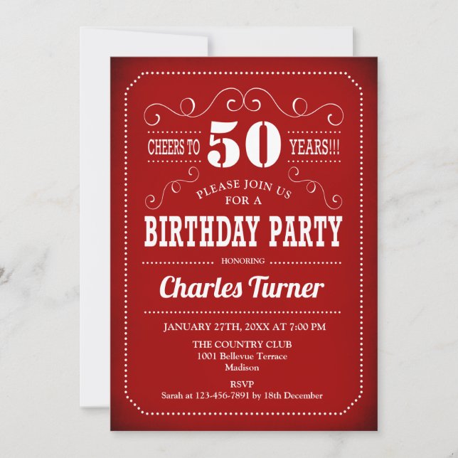 Invitation Retro 50th Birthday Party - Rouge Blanc (Devant)