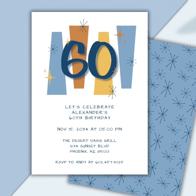 Invitation Retro 60e anniversaire Midsiècle moderne bleu (Créateur téléchargé)