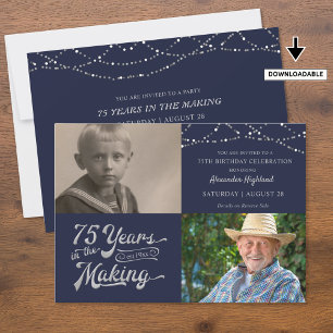 Invitation Retro 75e anniversaire 2 Photo Marine Bleu Argent