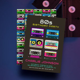 Invitation Retro 80s 90s Funky Neon Cassette Anniversaire