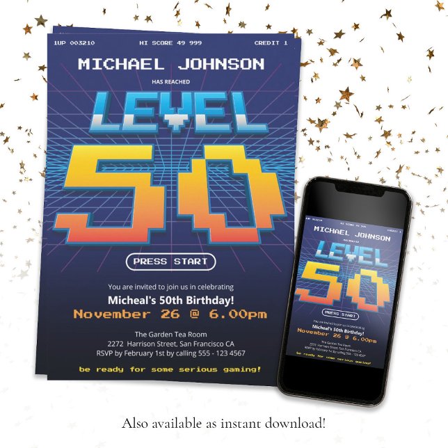 Invitation Retro 80s Funny 50e anniversaire fête (Fun 50th Birthday Retro 80s Game Screen Custom Invitation)