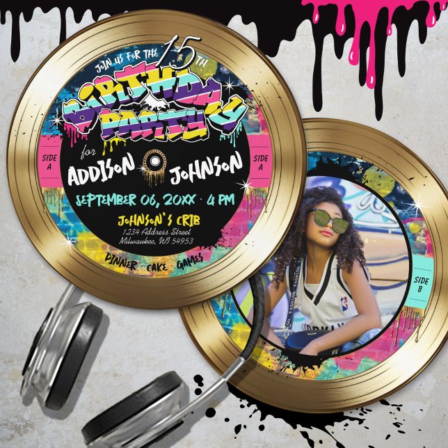 Invitation Retro 80s Hip hop Photo Gold Record fête d'anniver (Totally 80's graffiti music theme gold vinyl record black, hot pink photo birthday party invitation)