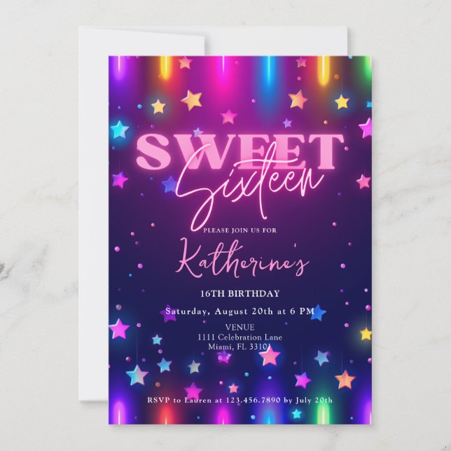 Invitation Retro 80s Neon Laser Glow Sweet 16 Seize (Devant)