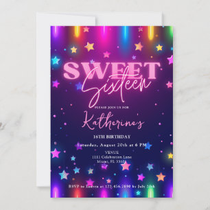 Invitation Retro 80s Neon Laser Glow Sweet 16 Seize