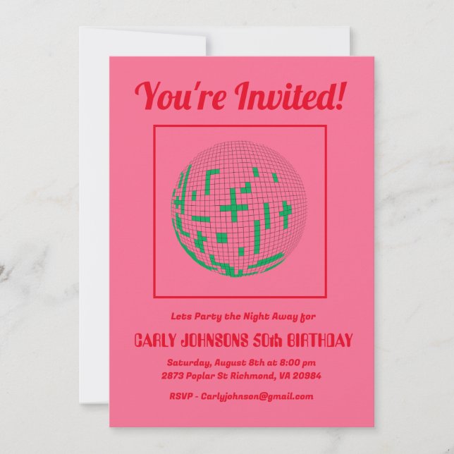 Invitation Retro 80s Pink Green Disco 50e fête d'anniversaire (Devant)