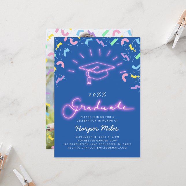 Invitation Retro 80s rose neon graduation casquette photo inv (Devant/Arrière en situation)