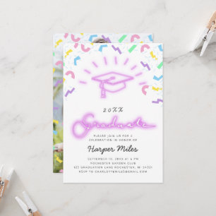 Invitation Retro 80s rose neon graduation photo casquette