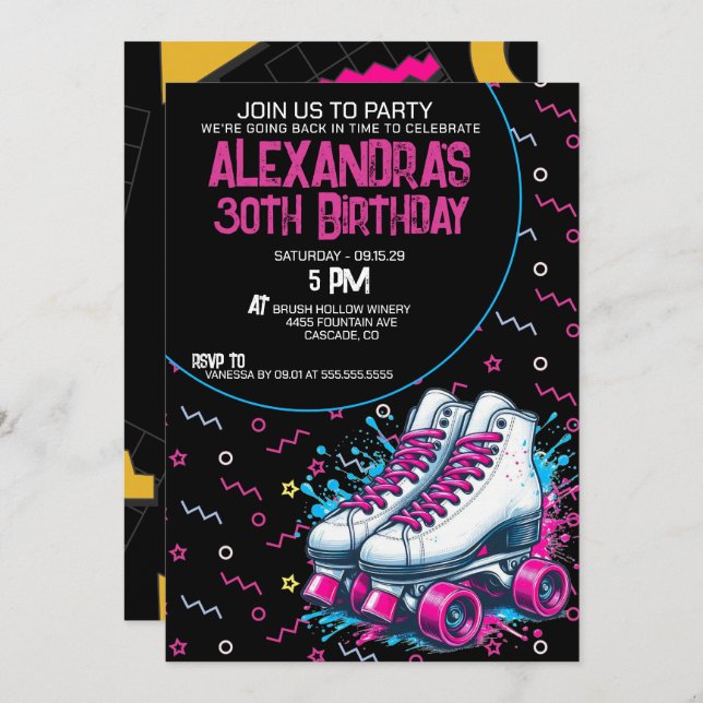 Invitation Retro 90's Roller Skating Birthday Party (Devant / Derrière)