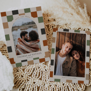 Invitation Retro À damiers, Arch Photo Enregistrer la date