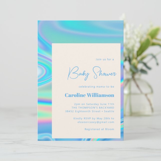 Invitation Retro Abstrait Iridescente Bleu Baby shower unique (Debout devant)