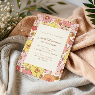 Invitation Rétro Années 70 Fleurie Rose Jaune 30e Anniversair