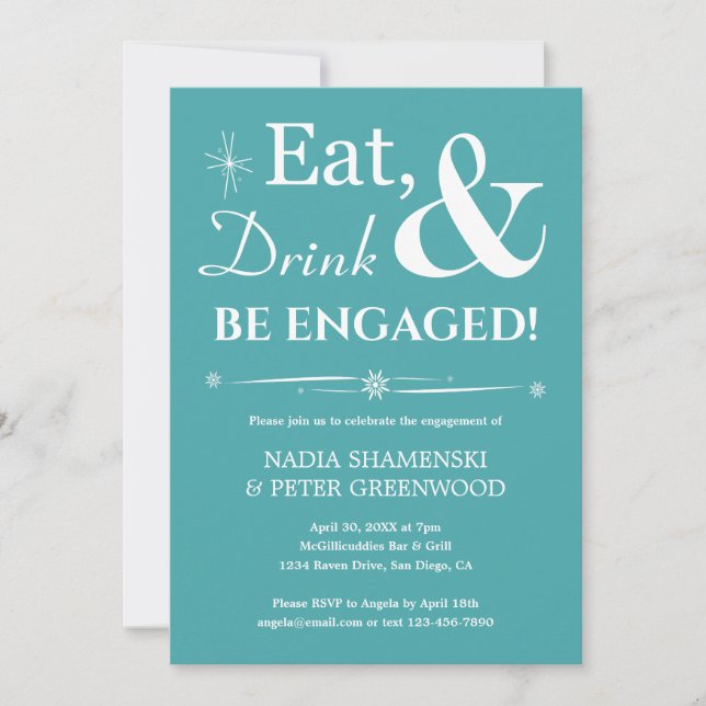 Invitation Retro Aqua Eat Drink Soyez Engagé Engagement Party (Devant)