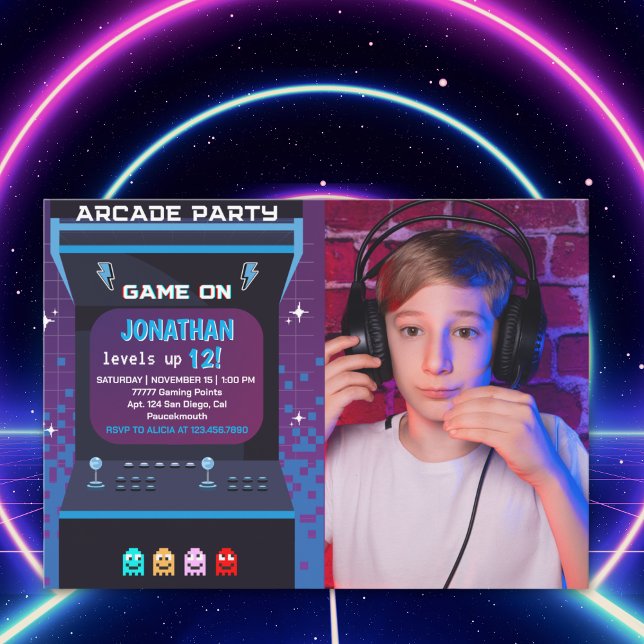 Invitation Retro Arcade Photo Birthday Boy | Game On Party (Créateur téléchargé)