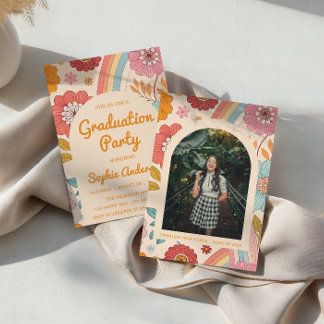Invitation Retro Arch Photo Floral Rainbow Graduation Party  