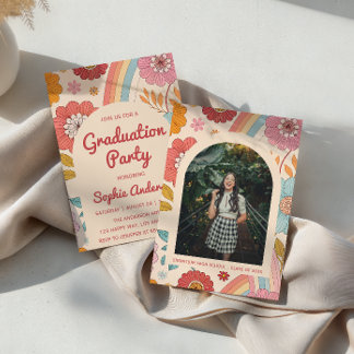 Invitation Retro Arch Photo Floral Rainbow Graduation Party  