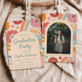 Invitation Retro Arch Photo Floral Rainbow Graduation Party  