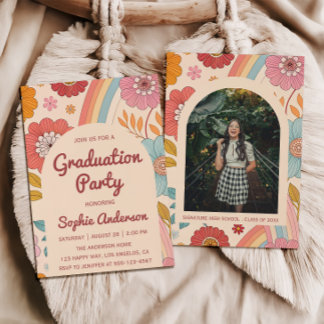 Invitation Retro Arch Photo Floral Rainbow Graduation Party  