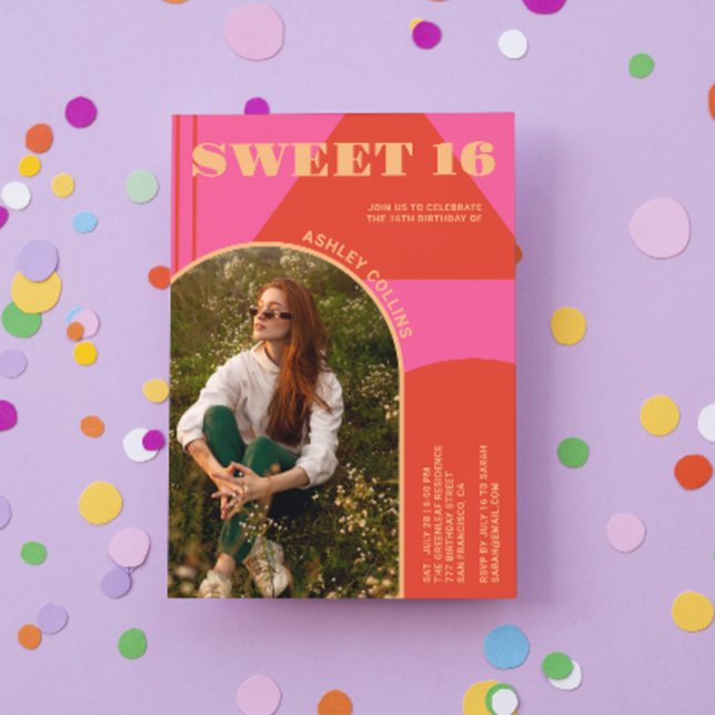 Invitation Retro Arch rose & orange Photo Sweet 16 Anniversai (Créateur téléchargé)