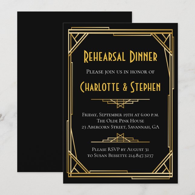 Invitation Retro Art Déco Grand Gatsby Gold & Black Mariage (Devant / Derrière)