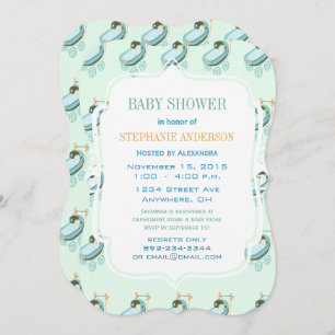 Invitation Retro Baby Mint Green Blue Coral Baby Buggy Douche