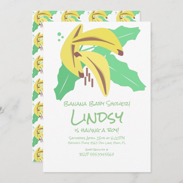 Invitation Retro Banana Jaune Baby shower Kraft (Devant / Derrière)