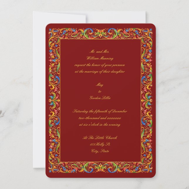 Invitation Retro Baroque Rococo 1685 Couleur Feuillage Mariag (Devant)