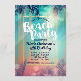 Invitation Retro BEACH PARTY Sunny Palm Trees été Anniversair
