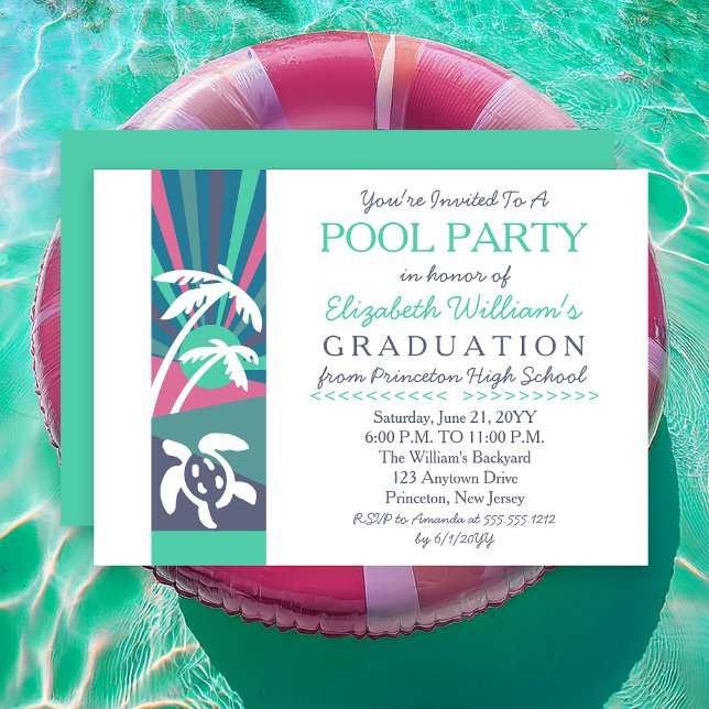 Invitation Retro Beach Sunset Graduation Pool Party (Retro Beach Sunset Graduation Pool Party Invitation - Print | Digital Download)