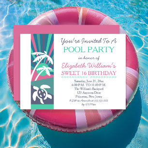 Invitation Retro Beach Sunset Sweet 16 Anniversaire Pool Part